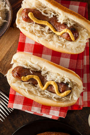 Homemade Bratwurst with Sauerkraut and Mustardの写真素材