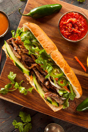 Vietnamese Pork Banh Mi Sandwich with Cilantro and Daikonの写真素材