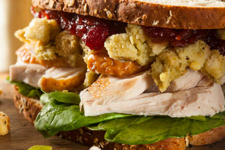 Homemade Leftover Thanksgiving Dinner Turkey Sandwich with Cranberries and Stuffingの写真素材