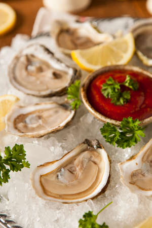 Raw Organic Oysters with Lemon and Cockatail Sauceの写真素材