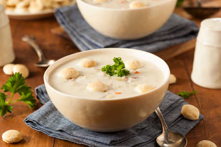 Homemade New England Clam Chowder with Crackersの写真素材