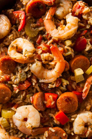 Spicy Homemade Cajun Jambalaya with Sausage and Shrimpの写真素材