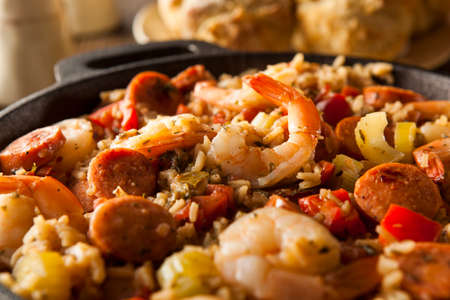 Spicy Homemade Cajun Jambalaya with Sausage and Shrimpの写真素材
