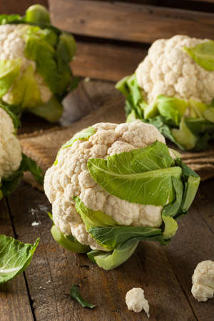 Raw Organic Cauliflower Heads with Fresh Green Leavesの写真素材
