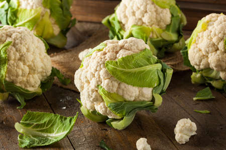 Raw Organic Cauliflower Heads with Fresh Green Leavesの写真素材