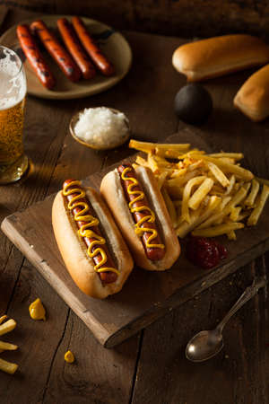 Barbecue Grilled Hot Dogs with Yellow Mustardの写真素材