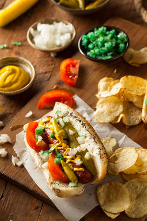 Homemade Chicago Style Hot Dog with Mustard Relish Tomato and Onionの写真素材