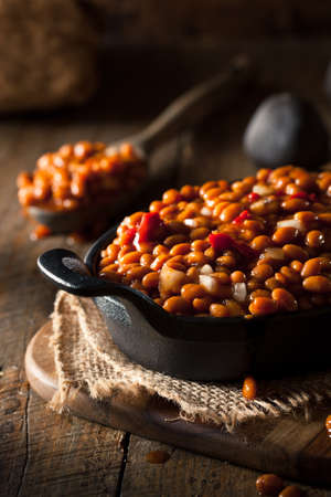 Homemade Barbecue Baked Beans in a Black Skilletの写真素材