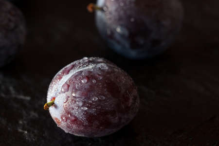 Organic Ripe Purple Prune Plums Ready to Eatの写真素材