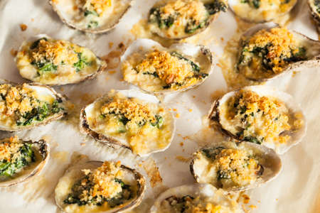 Homemade Creamy Oysters Rockefeller with Cheese and Spinachの写真素材