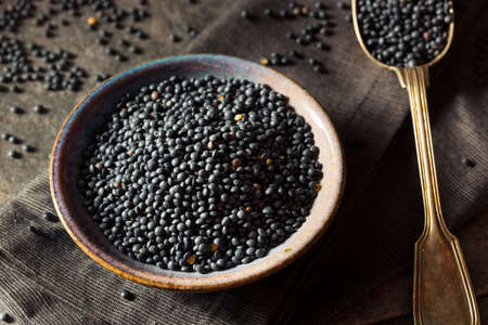 Raw Organic Black Lentils in a Bowlの写真素材