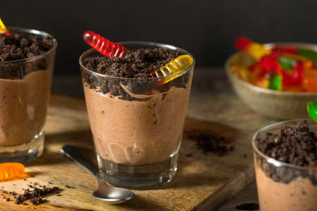 Homemade Chocolate Dirt Pudding with Gummy Wormsの写真素材