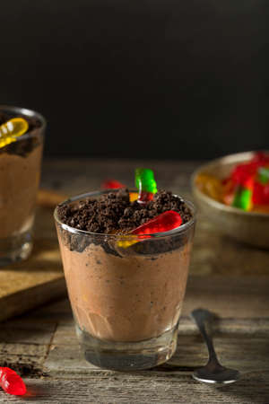 Homemade Chocolate Dirt Pudding with Gummy Wormsの写真素材