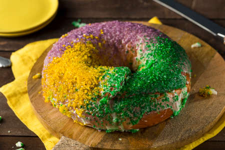 Homemade Colorful Mardi Gras King Cake for Fat Tuesdayの写真素材