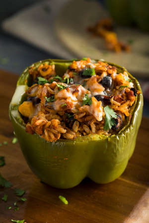 Homemade Meat and Rice Stuffed Bell Peppers with Cheese  Cilantroの写真素材