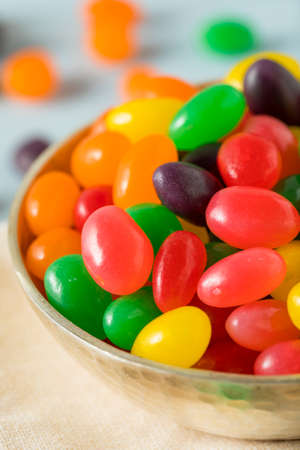 Sweet Gummy Jelly Bean Candy in a Bowlの写真素材