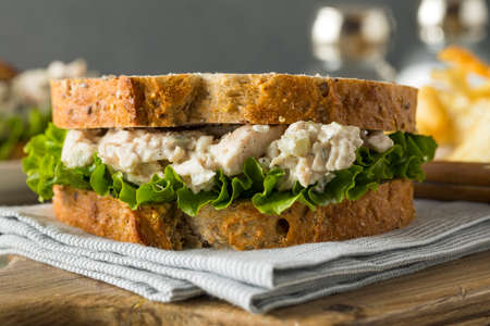 Homemade Healthy Chicken Salad Sandwich with Chipsの写真素材