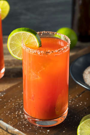Homemade Michelada with Beer Salted Rim and Tomato Juice