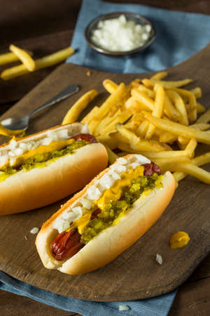 Homemade Deep Fried Hot Dogs with Mustard Onion and Relishの写真素材