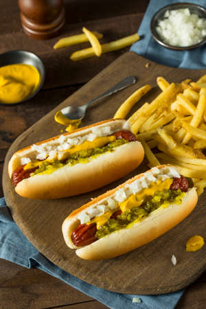 Homemade Deep Fried Hot Dogs with Mustard Onion and Relishの写真素材