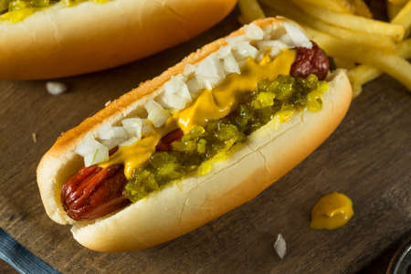 Homemade Deep Fried Hot Dogs with Mustard Onion and Relishの写真素材