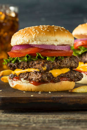Homemade Square Beef Cheeseburger with Lettuce Tomato Onion and Fries