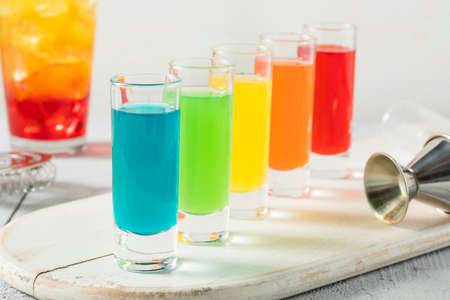 Colorful Alcoholic Rainbow Shots REady to Drinkの写真素材