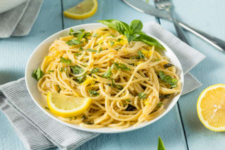 Homemade Basil Lemon Spaghetti with Parmesan Cheeseの写真素材