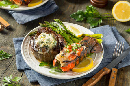 Homemade Steak and Lobster Surf n Turf with Asparagusの写真素材