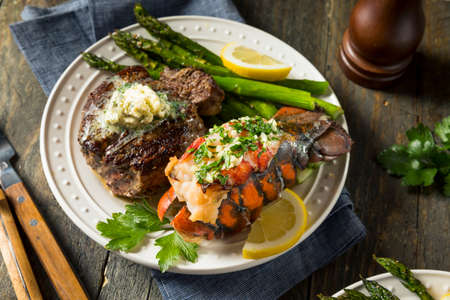 Homemade Steak and Lobster Surf n Turf with Asparagusの写真素材