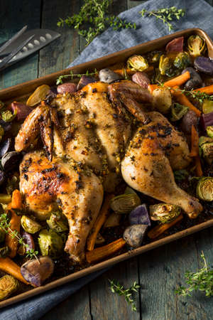 Herbed Baked Spatchcock Chicken with Vegetables and Herbsの写真素材