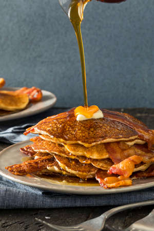 Homeade Sweet Bacon Pancakes with Maple Syrupの写真素材