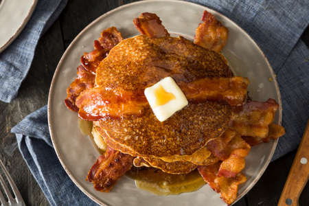 Homeade Sweet Bacon Pancakes with Maple Syrupの写真素材