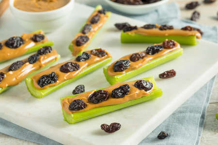 Homemade Ants on a Log Snack with Celery Peanut Butter and Raisinsの写真素材