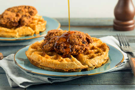Homemade Southern Chicken and Waffles with Syrupの写真素材