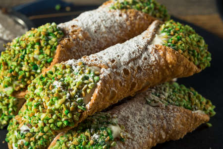 Traditional Homemade Sicilian Cannolis with Pistachiosの写真素材