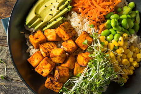 Healthy Organic Tofu and Rice Buddha Bowl with Veggies