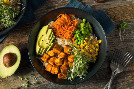 Healthy Organic Tofu and Rice Buddha Bowl with Veggies