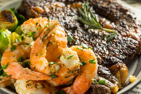 Gourmet Homemade Steak and Shrimp Surf n Turfの写真素材