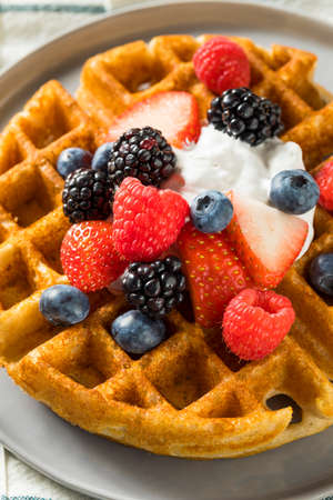 Sweet Homemade Berry Belgian Waffle with Whipped Creamの写真素材