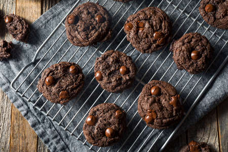Homemade Dark Double Chocolate Chip Cookies Ready to Eatの写真素材