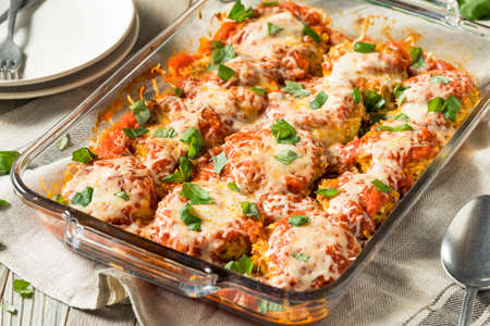 Homemade Italian Eggplant Parmesan with Marinara and Basilの写真素材