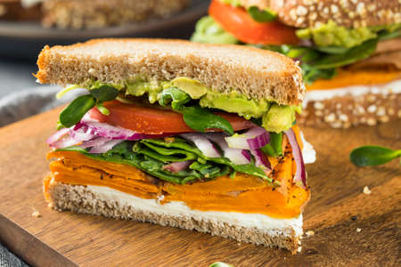 Healthy Homemade Vegetarian Veggie Sandwich with Sweet Potatoes Lettuce Tomato Cheeseの写真素材
