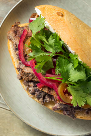 Homemade Mexican Beef Torta Sandwich with Cilantro and Jalapenosの写真素材