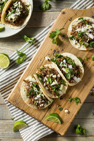 Spicy Homemade Beef Barbacoa Tacos with Cilantro Cheese and Onionの写真素材