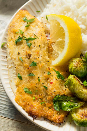 Homemade White Fish Filet Dinner with Rice and Brussel Sprouts