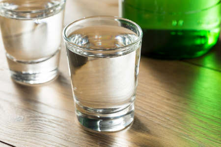 Alcoholic Clear Distilled Korean Soju in a Shot Glassの写真素材