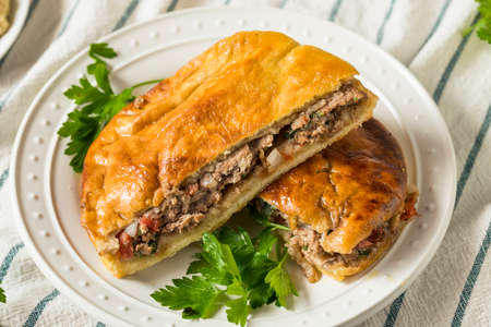 Homemade Lamb and Tomato Arayes Pita with Hummusの写真素材