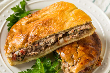 Homemade Lamb and Tomato Arayes Pita with Hummusの写真素材