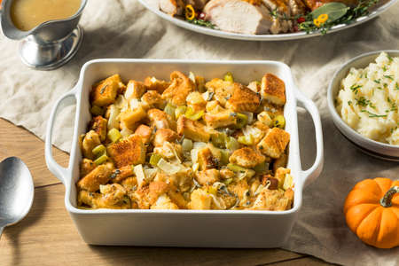 Homemade Bread Stuffing for Thanksgiving Dinner with Sageの写真素材